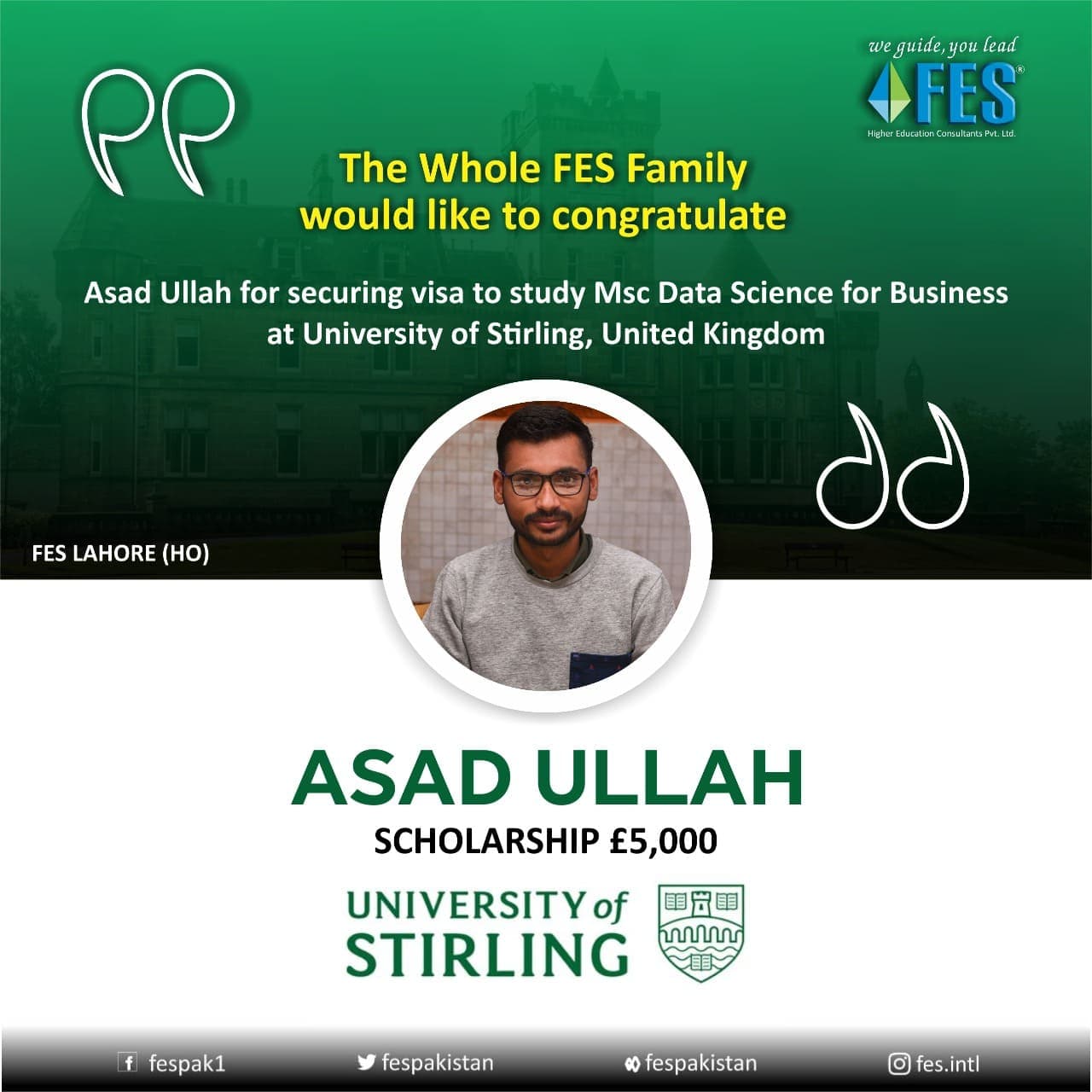 Scholarship: Asad Ullah — MSc Data Science for Business, University of Stirling, United Kingdom.
