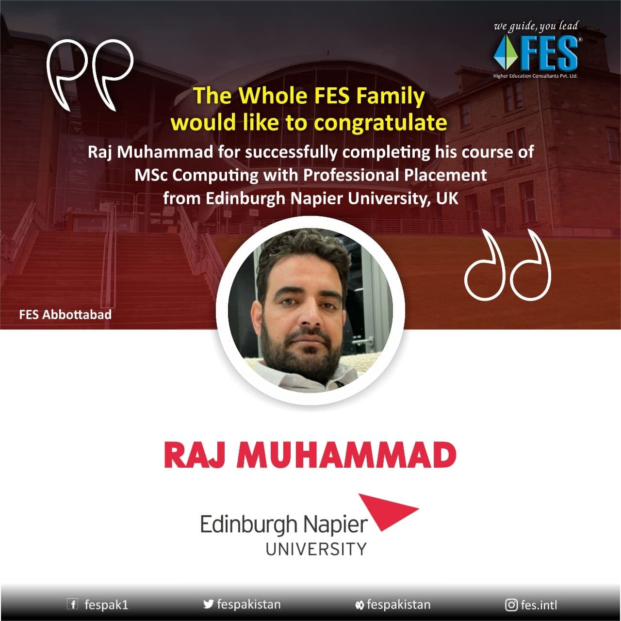 Scholarship: Raj Muhammad — MSc Computing with Professional Placement, Edinburgh Napier University, United Kingdom.