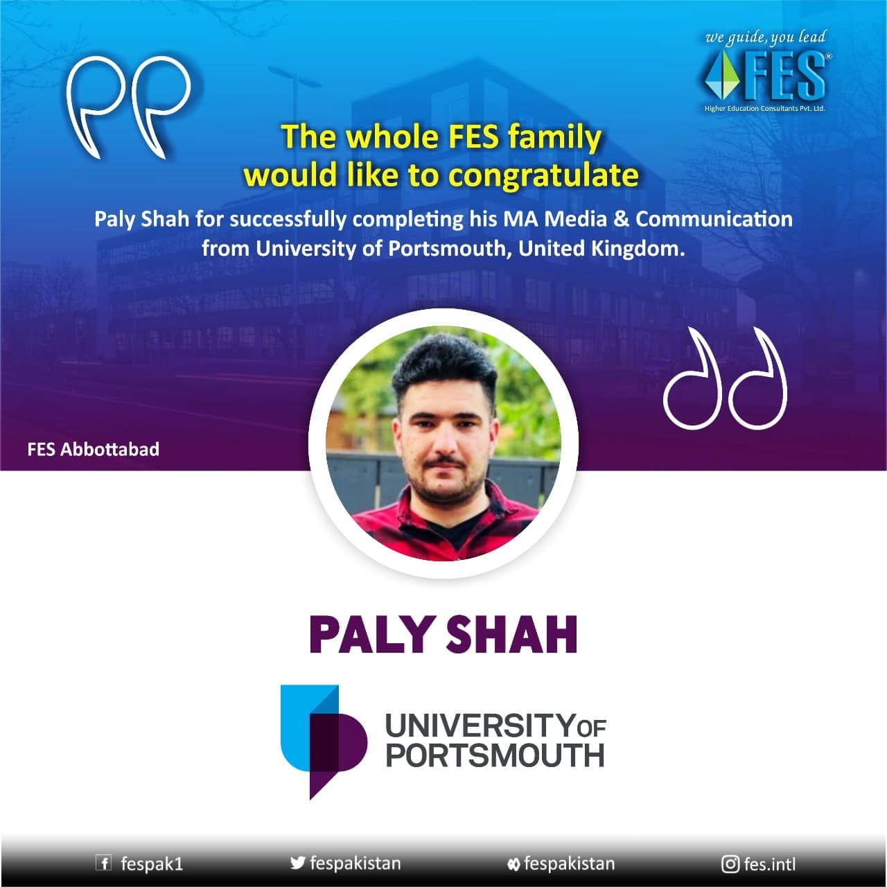Scholarship: Paly Shah — MA Media & Communication, University of Portsmouth, United Kingdom.