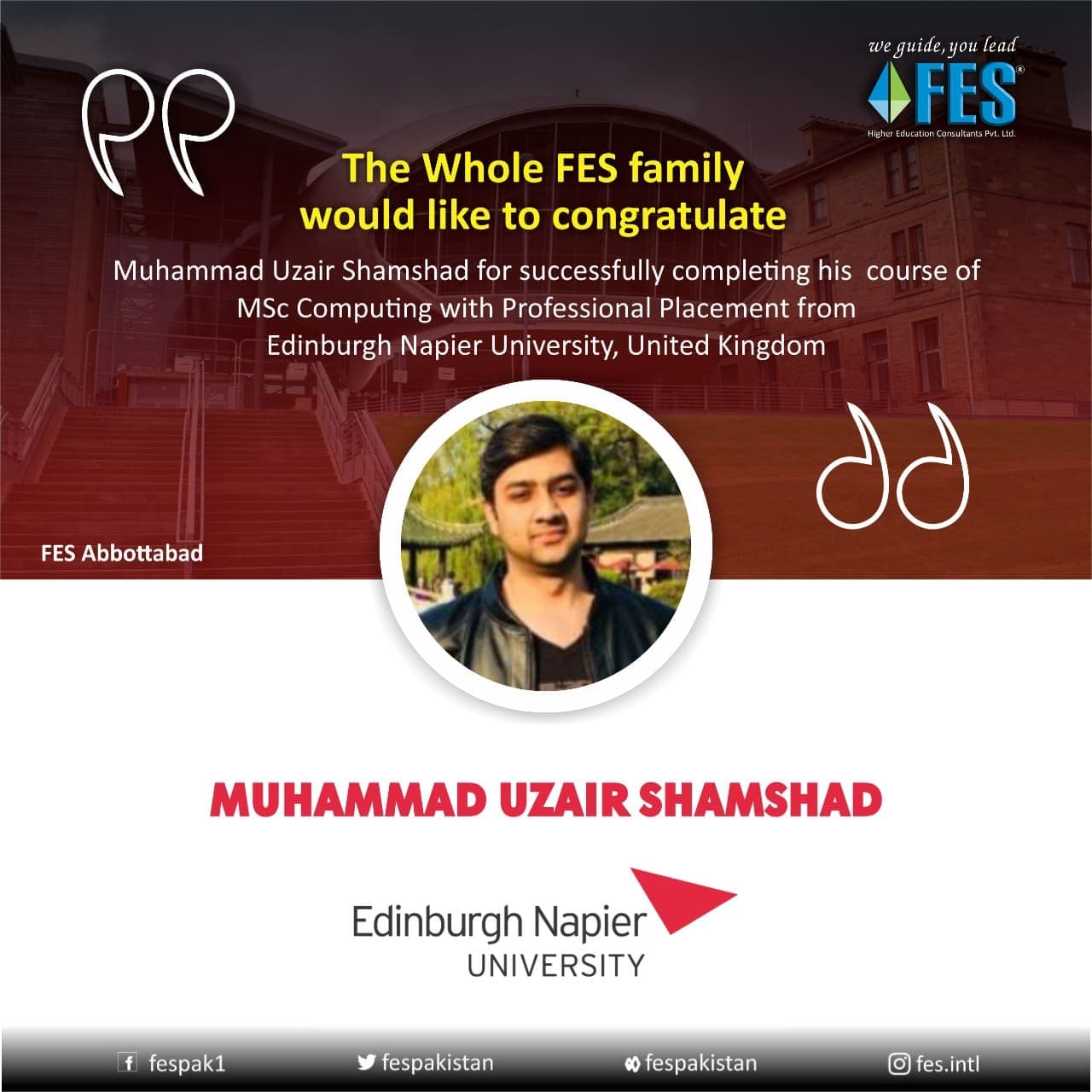 Scholarship: Muhammad Uzair Shamshad — MSc Construction Project Management, Edinburgh Napier University, United Kingdom.