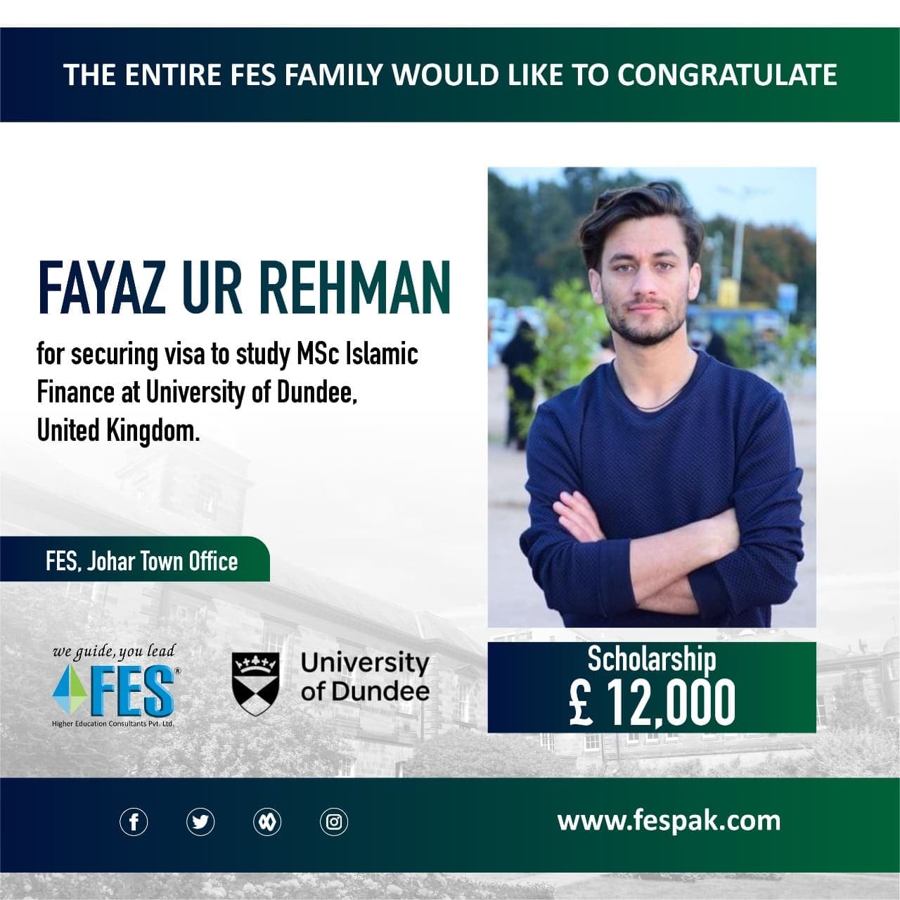 Scholarship: Fayaz Ur Rehman — MSc Islamic Finance, University of Dundee, United Kingdom.