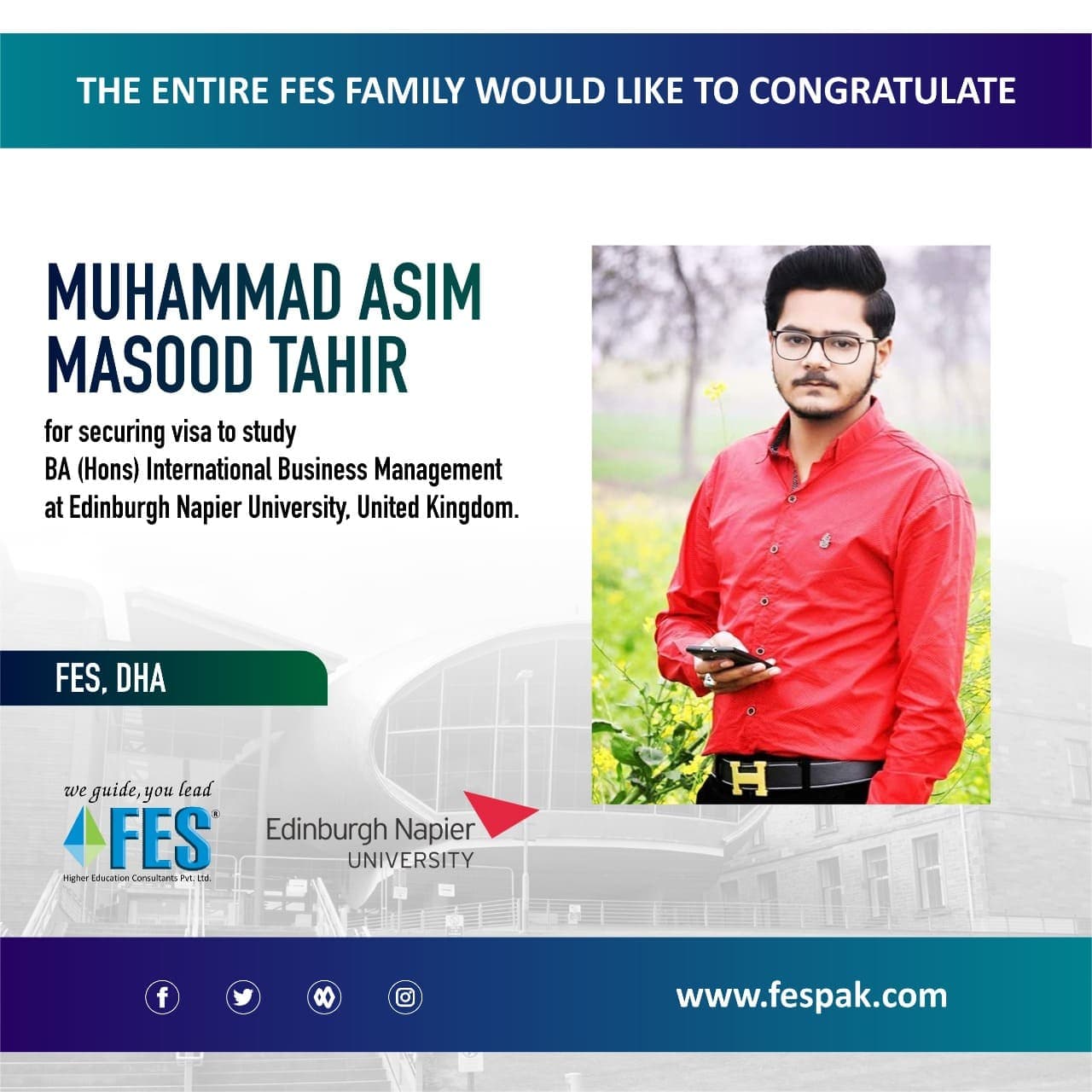 Scholarship: Muhammad Asim Masood Tahir — MSc International Business Management, University of East London, United Kingdom.