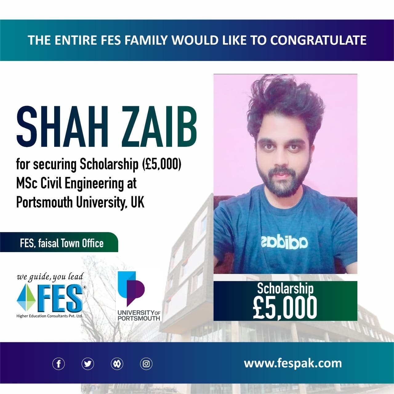 Scholarship: Shah Zaib — MSc Civil Engineering, University of Portsmouth, United Kingdom.
