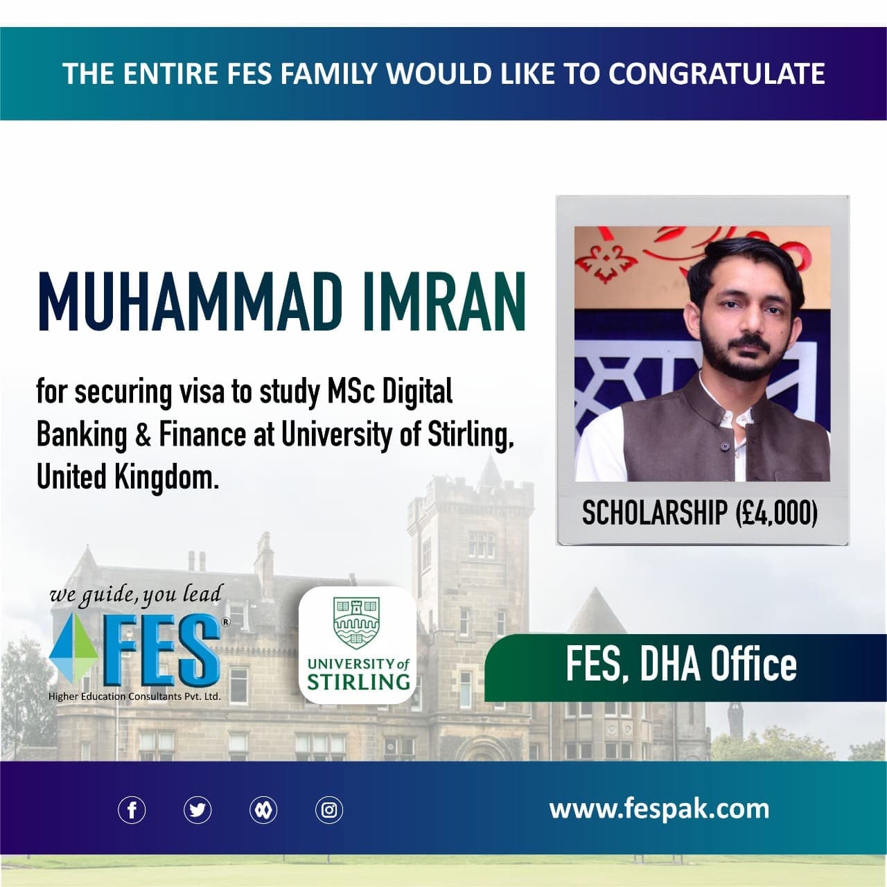 Scholarship: Muhammad Imran — MSc Digital Banking & Finance, University of Stirling, United Kingdom.