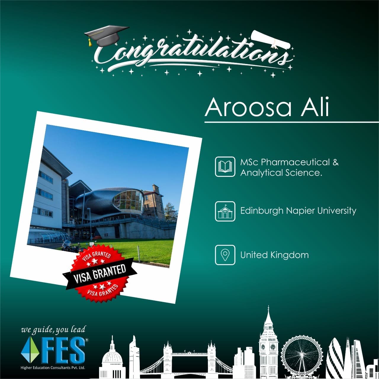 Visa success: Aroosa Ali — MSc Pharmaceutical & Analytical Science, Edinburgh Napier University, United Kingdom.