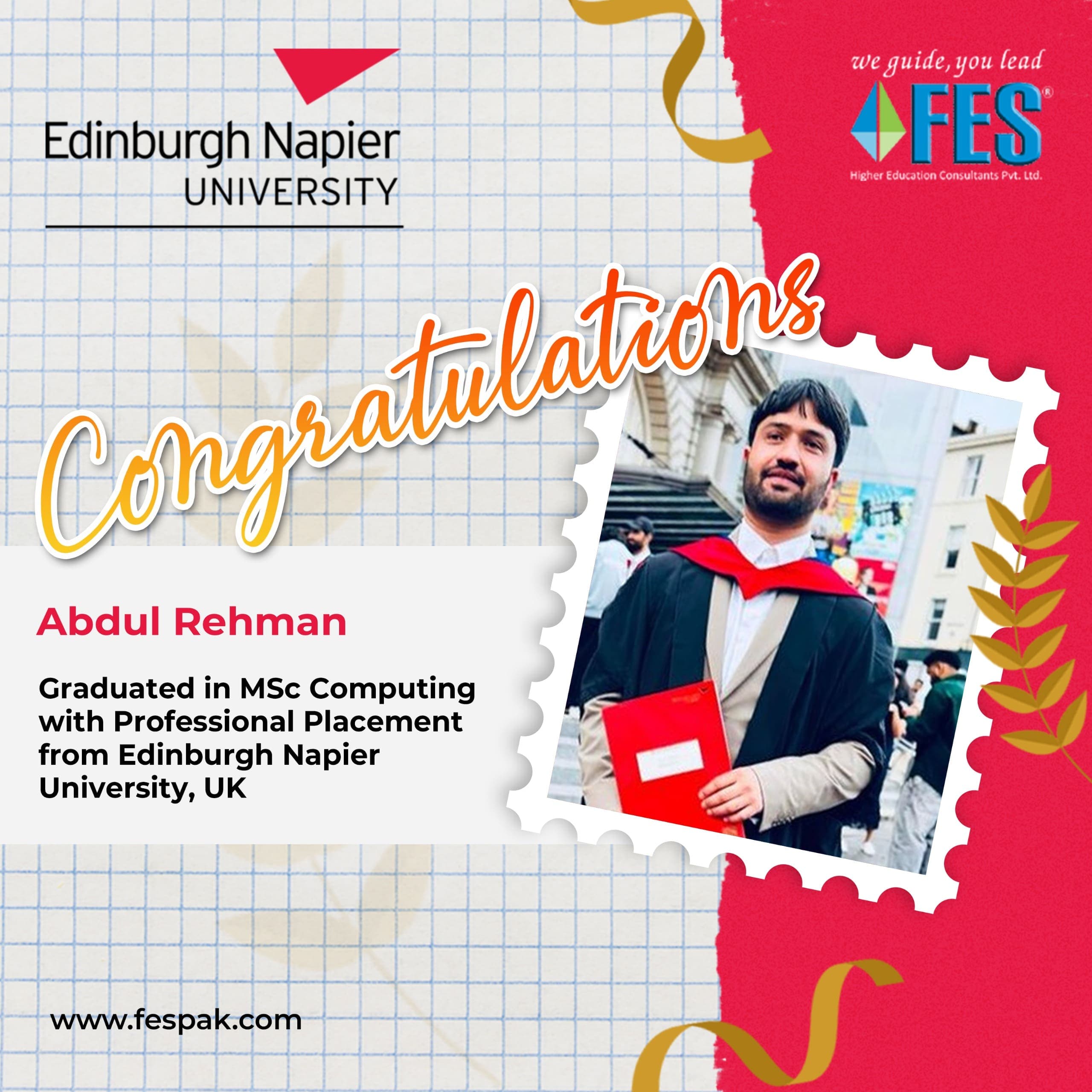 Graduation: Abdul Rehman - MSc Computing with Professional Placement, Edinburgh Napier University, United Kingdom.