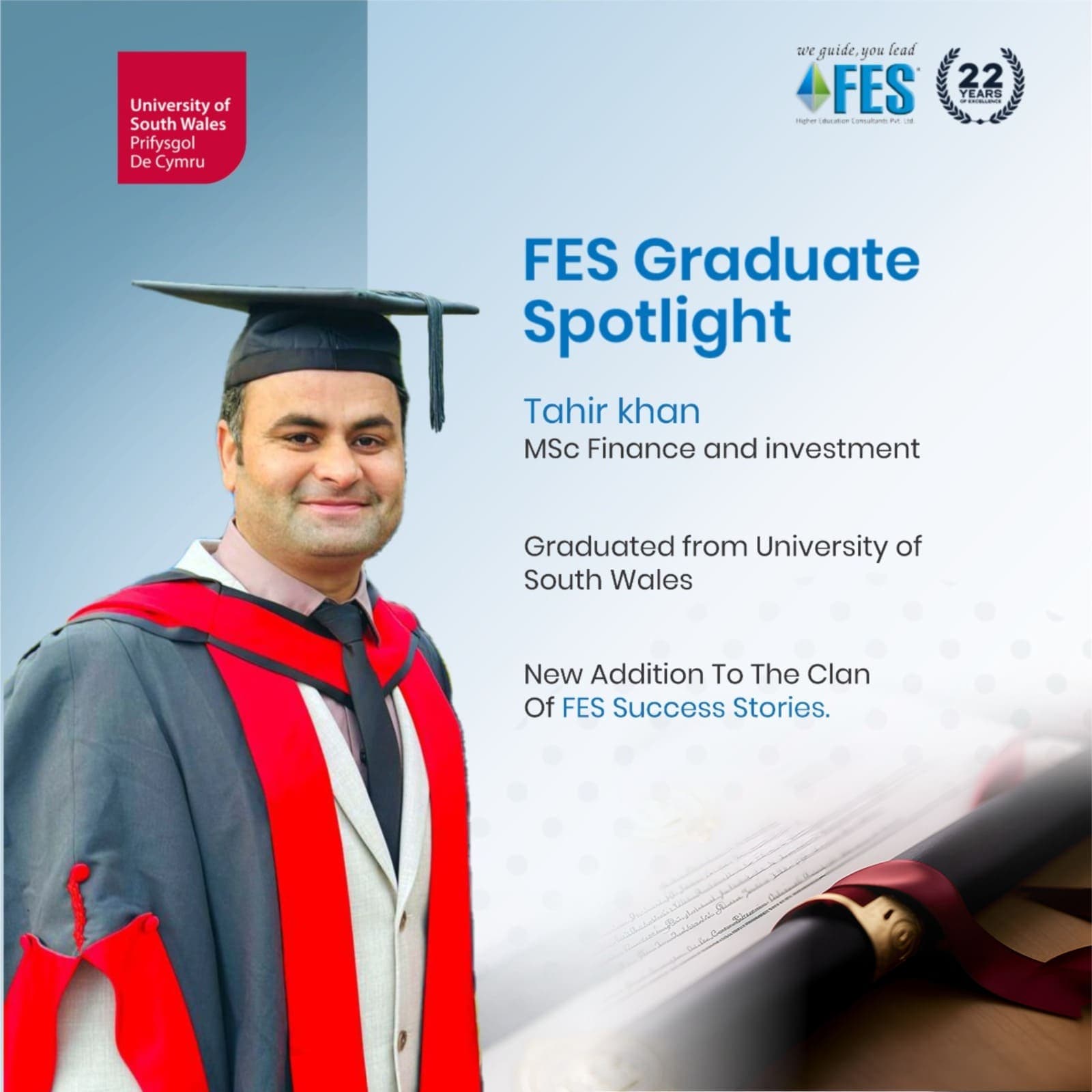 Graduation: Tahir Khan - MSc Finance and Investment, University of South Wales, United Kingdom.