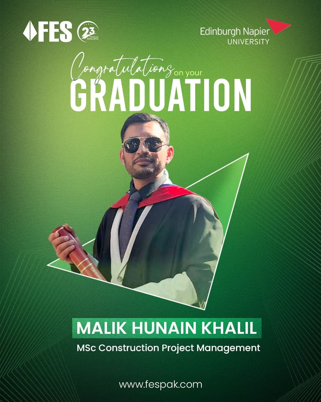 Graduation: Malik Hunain Khalil — MSc Construction Project Management, Edinburgh Napier University, United Kingdom.