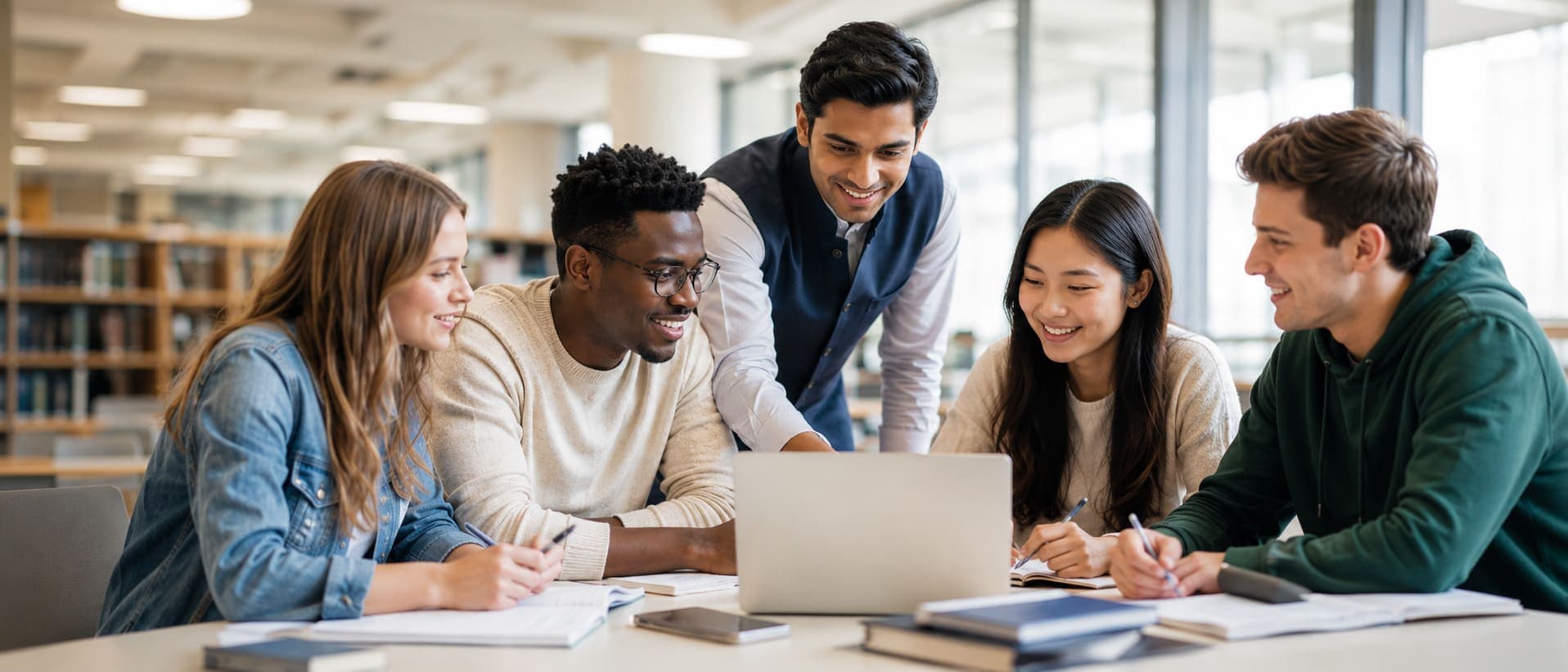 International students collaborating around a laptop